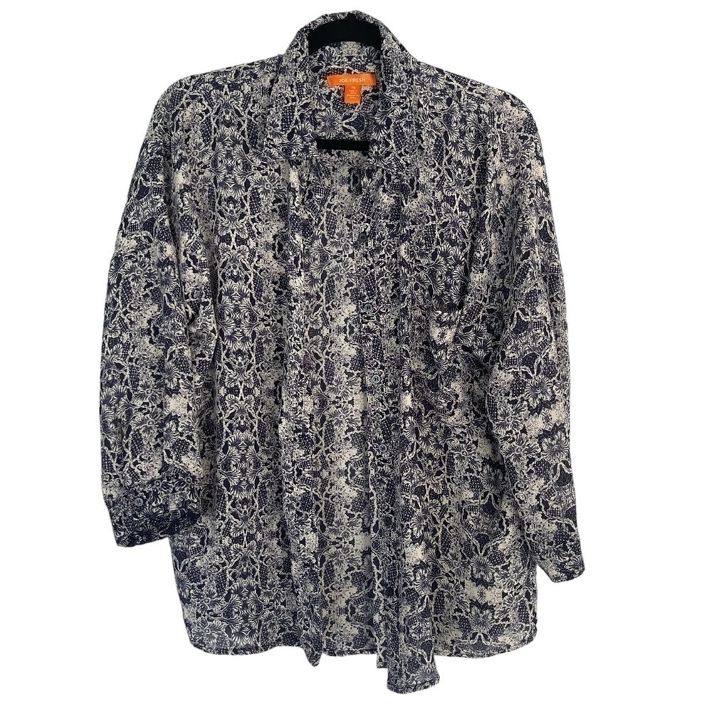 Joe Fresh Geometric Floral Button Down Blouse Short 3/4 Sleeve Lightweight